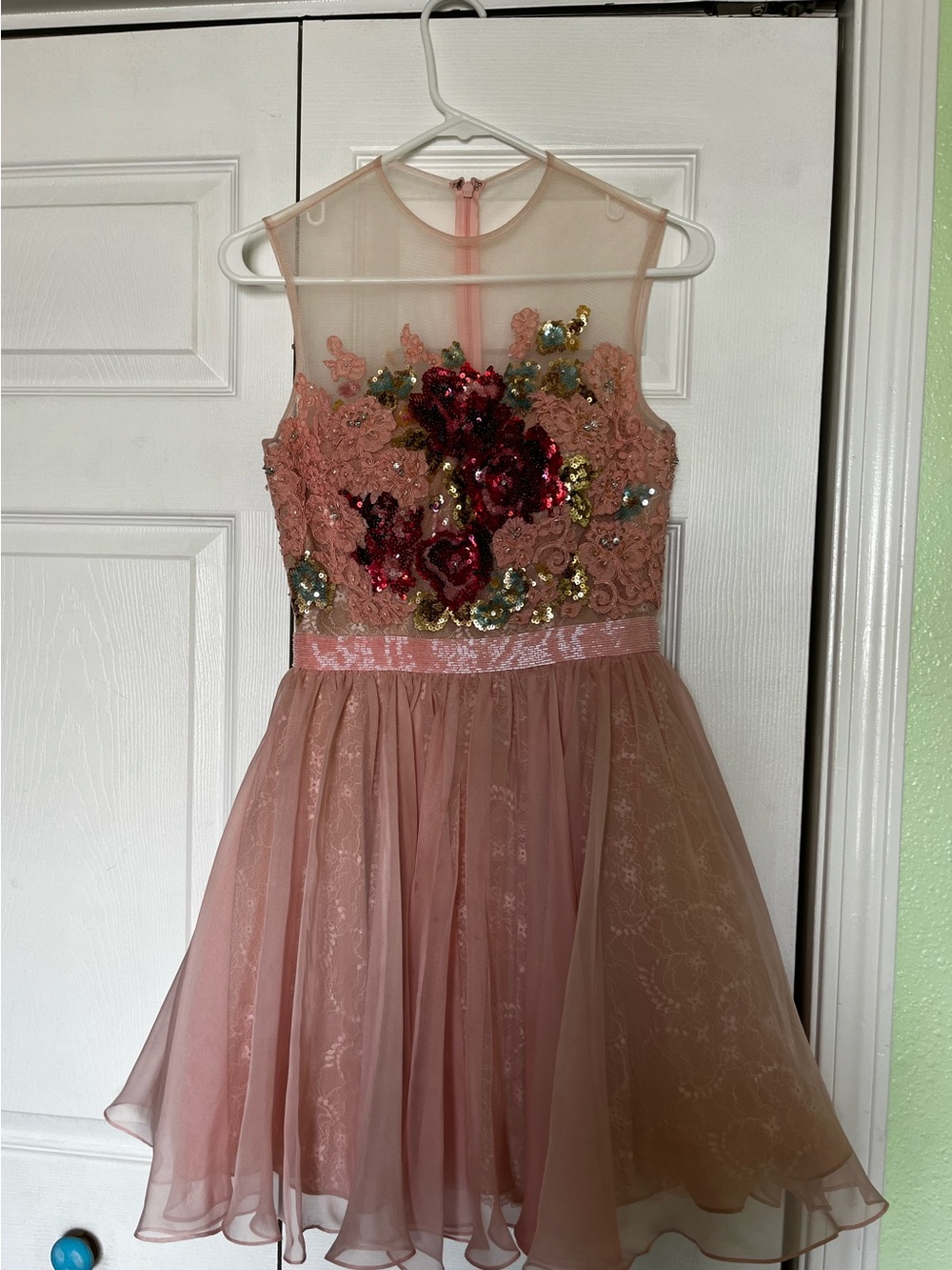 Sherri Hill Rose Pink Sequin Floral Tulle Dress